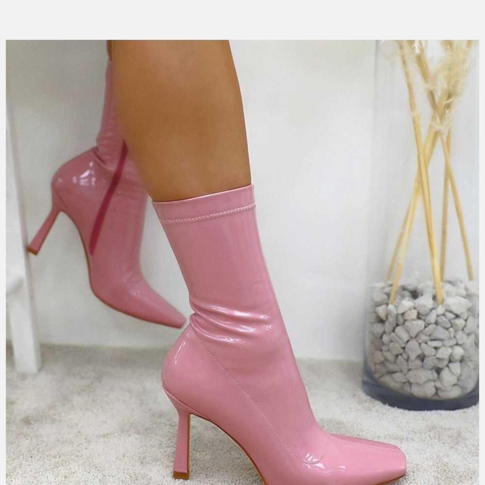 Baby pink patent leather ankle boots
